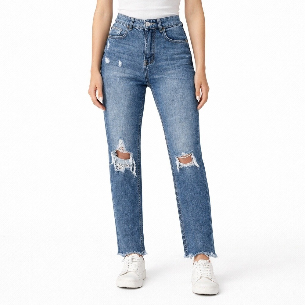 Papaya Clean Girl Jeans Medium Wash Distressed High Rise Straight Leg Size 1